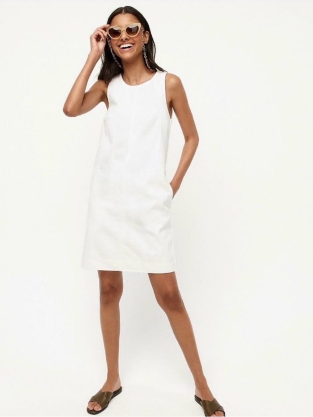 NWT J. Crew Women’s Jumper Dress White Denim Frayed Hem Pockets Sleeveless Sz 16